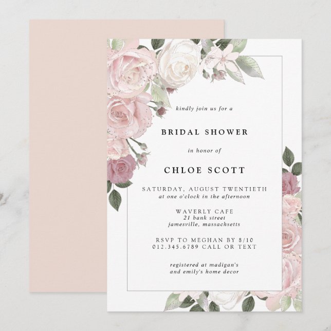 Blush Pink Rose Rustic Floral Bridal Invitation (Front/Back)