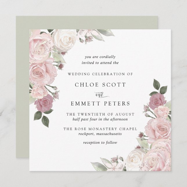 Blush Pink Rose Rustic Floral Wedding Invitation (Front/Back)