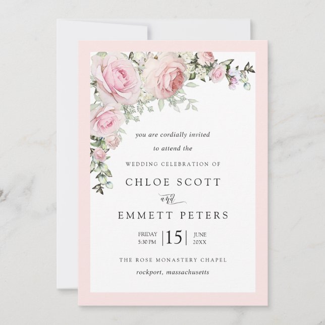 Blush Pink Rose Rustic Floral Wedding  Invitation (Front)