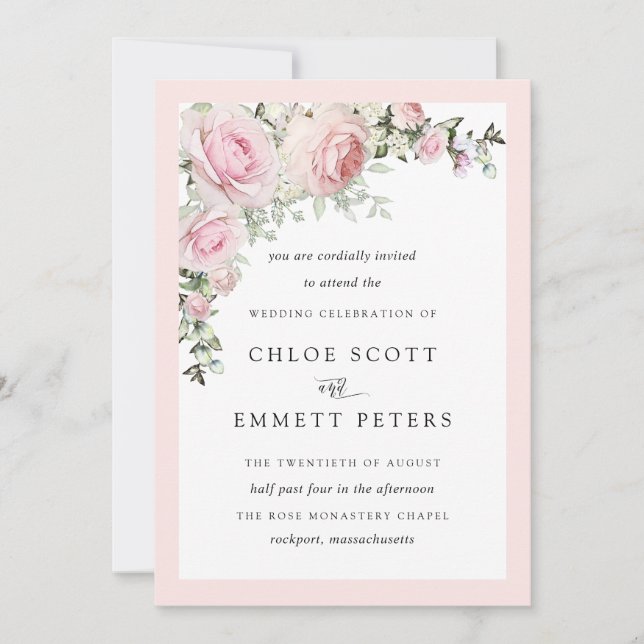 Blush Pink Rose Rustic Floral Wedding Invitation (Front)