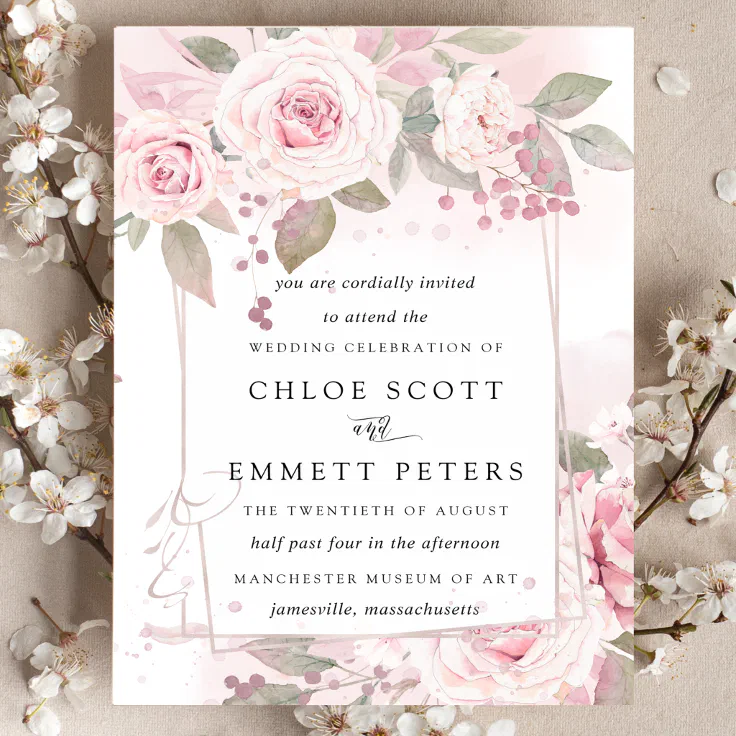 Blush Pink Rose Rustic Floral Wedding Invitation | Zazzle