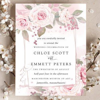 Blush Pink Rose Rustic Floral Wedding Invitation by Celebrais at Zazzle