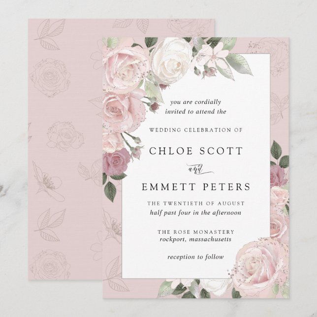 Blush Pink Rose Rustic Floral Wedding Invitation (Front/Back)