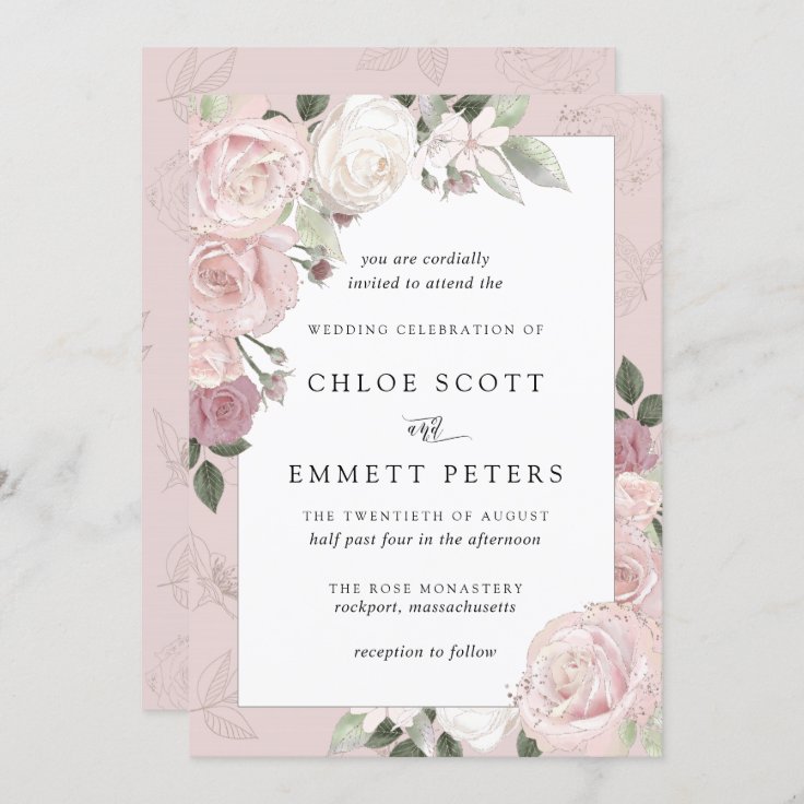 Blush Pink Rose Rustic Floral Wedding Invitation | Zazzle