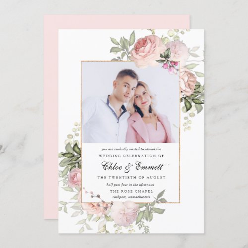 Blush Pink Rose Rustic Floral Wedding Photo Invitation