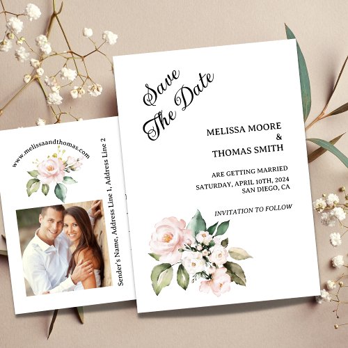 Blush Pink Rose Save The Date Announcement Photo 