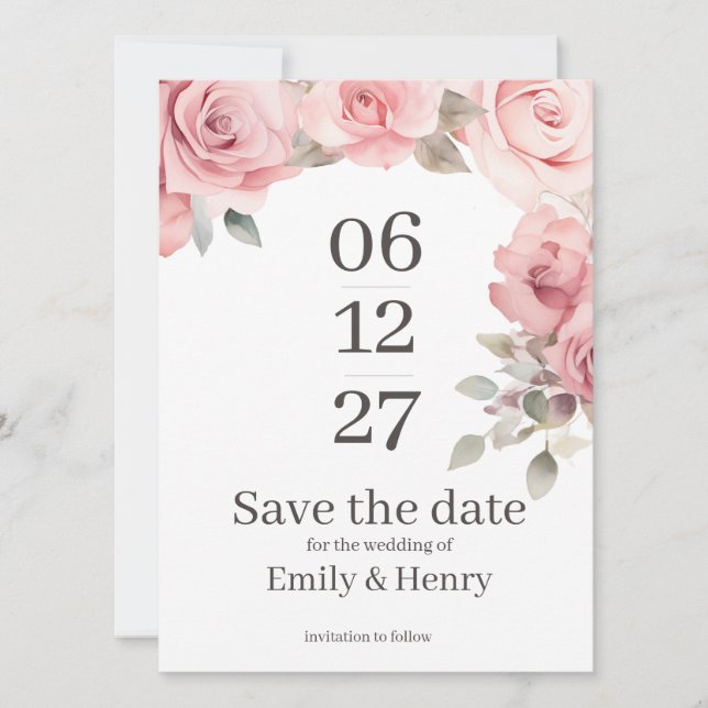 Blush Pink Rose Save the Date Card (Front)
