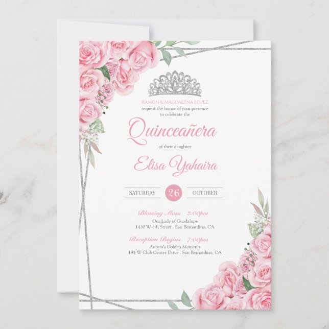 Blush Pink Rose Silver Diamond Tiara Quinceanera Invitation (Front)