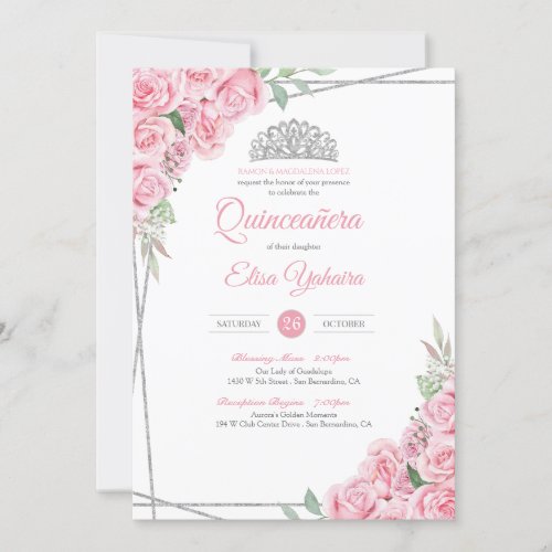 Blush Pink Rose Silver Diamond Tiara Quinceanera Invitation