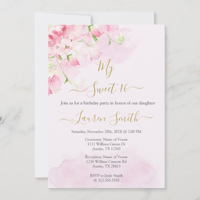 Blush pink rose sweet 16 invitation (Front)