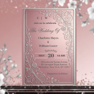 Blush Pink Rose Vine Glitter Silver Floral Wedding Invitation