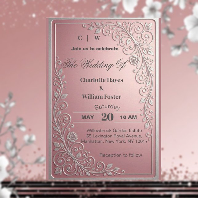 Blush Pink Rose Vine Glitter Silver Floral Wedding Invitation (Blush Pink Rose Vine Glitter Silver Floral Wedding Invitation)