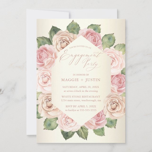 Blush Pink Rose Watercolor Floral Engagement Party Invitation (Front)
