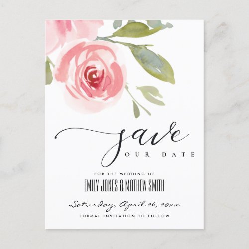 BLUSH PINK ROSE WATERCOLOR FLORAL SAVE THE DATE ANNOUNCEMENT POSTCARD