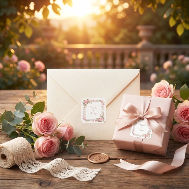 Blush Pink Rose Watercolor Gold Frame Wedding Square Sticker (Creator Uploaded)