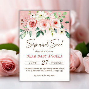 Blush Pink Rose Watercolor It's A Girl Sip and See Invitation