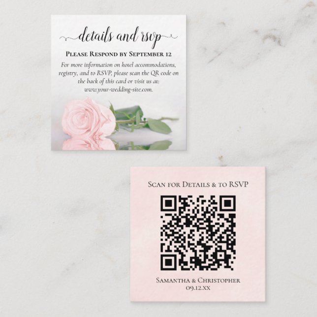 Blush Pink Rose Wedding Details & RSVP QR Code Enclosure Card (Front/Back)