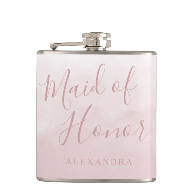 Blush Pink Rose Wedding Maid of Honor Gift Flask (Front)