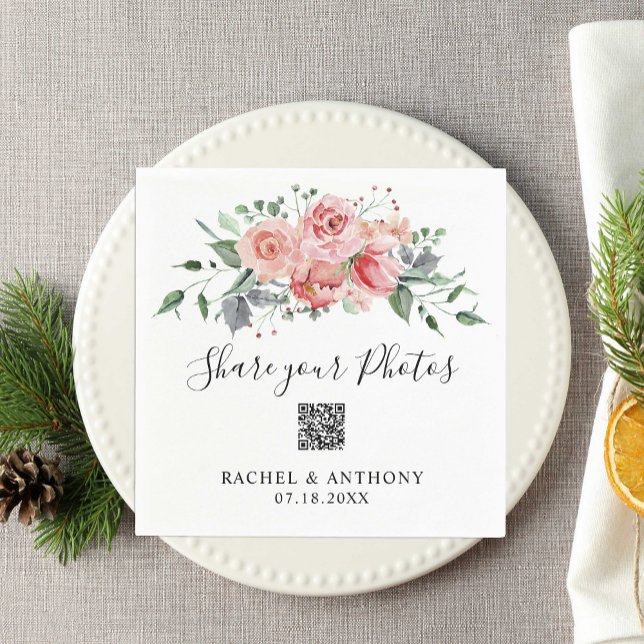 Blush Pink Rose Wedding QR Code Share Photos Napkins (Creator Uploaded)