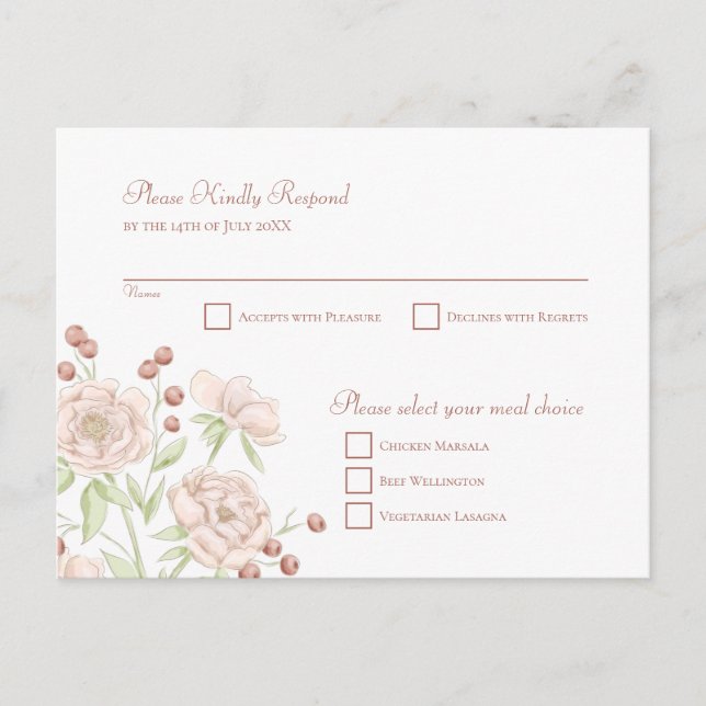 Blush Pink Rose Wedding RSVP Modern Reply Holiday Postcard (Front)