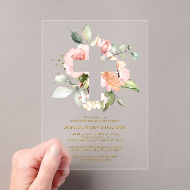 Blush Pink Rose & White Cross Girl Baptism  Acrylic Invitations (Insitu (Handheld))