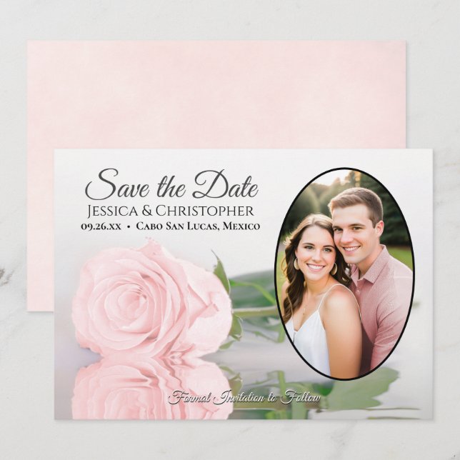 Blush Pink Rose with Oval Photo Romantic Wedding Save The Date (Front/Back)