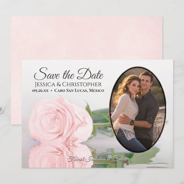 Blush Pink Rose with Oval Photo Romantic Wedding Save The Date (Front/Back)