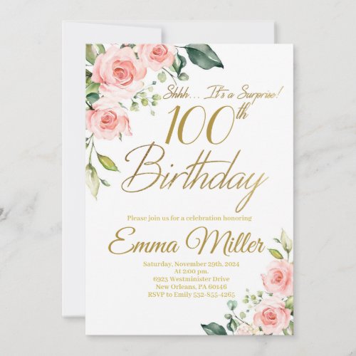 Blush Pink Roses 100th Birthday Party Invitation