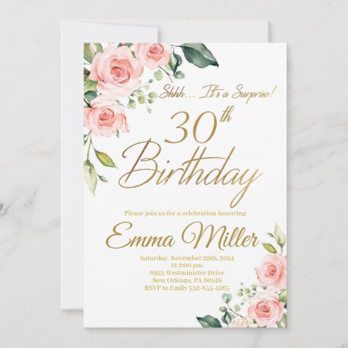 Blush Pink Roses 30th Birthday Party Invitation