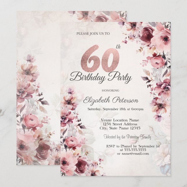 Blush Pink Roses 60th Birthday  Invitation (Front/Back)