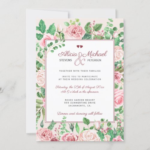 Blush Pink Roses Ampersand Monogrammed Wedding Invitation