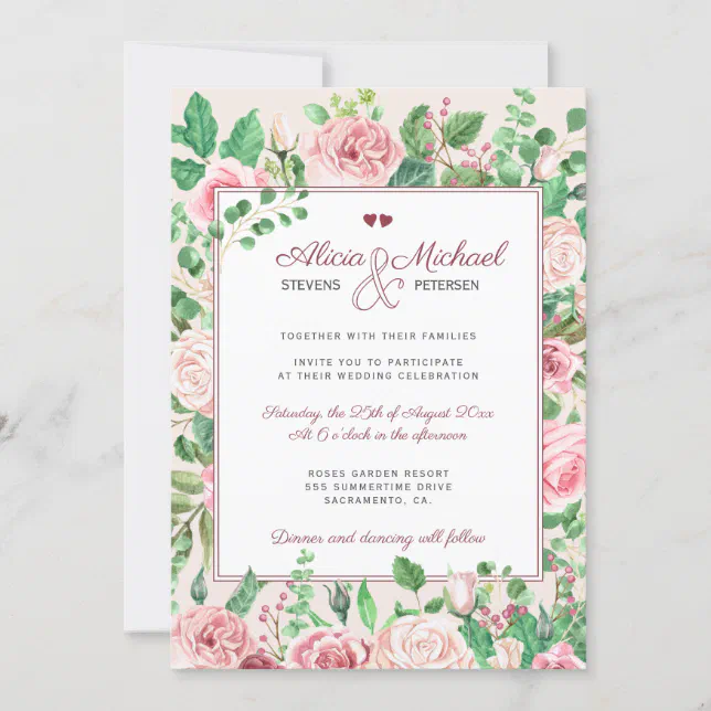 Blush Pink Roses Ampersand Monogrammed Wedding Invitation Zazzle 8327