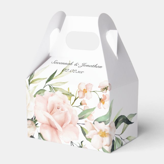 Blush Pink Roses and Eucalyptus Greenery Wedding Favor Boxes (Front Side)