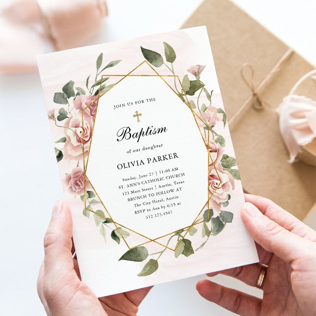 Blush Pink Roses and Gold | Baptism Invitation (Creator Uploaded)