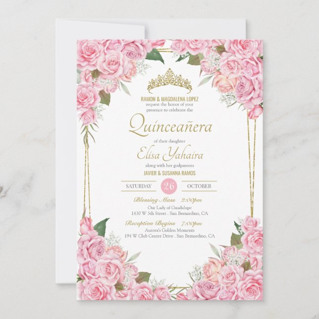 Blush Pink Roses and Gold Tiara Floral Quinceanera Invitation (Front)