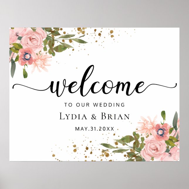 Blush Pink Roses and Gold  Wedding Welcome Sign (Front)