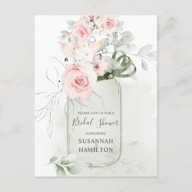 Blush Pink Roses and Pastel Green Mason Jar Bridal Postcard (Front)