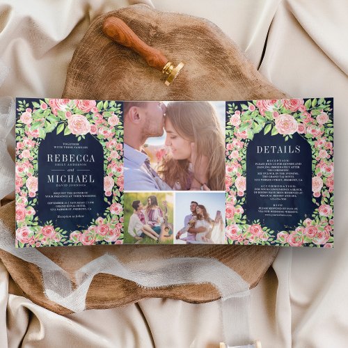 Blush Pink Roses Arch Photo Collage Navy Wedding Tri_Fold Invitation