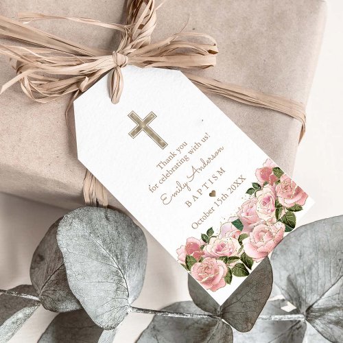 Blush Pink Roses Baptism Christening Thank You Gift Tags