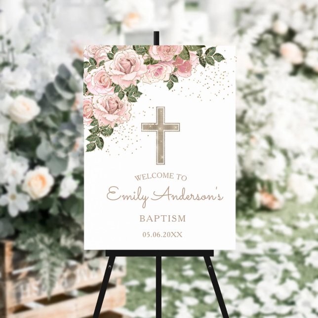 Blush Pink Roses Baptism Christening Welcome Foam Board (Creator Uploaded)