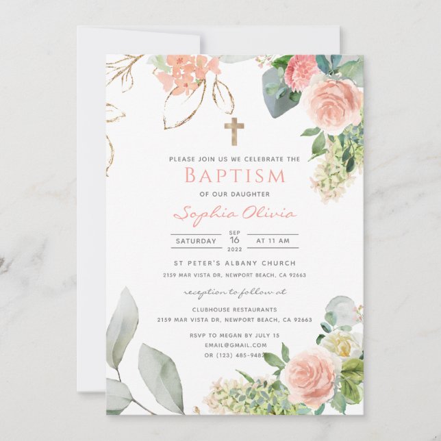 Blush Pink Roses Baptism Invitation (Front)