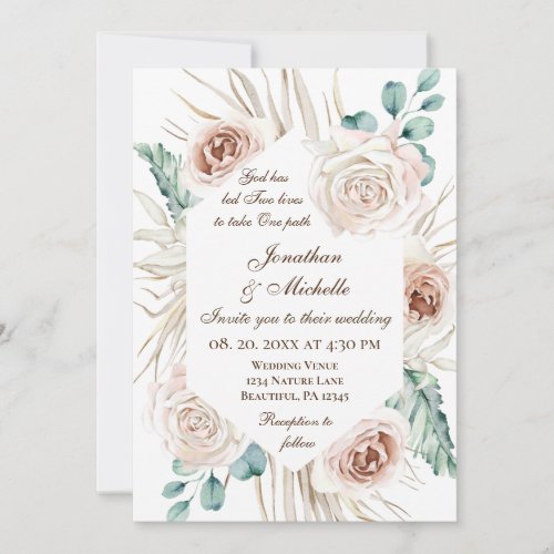 Blush Pink Roses Boho Floral Christian Wedding Invitation