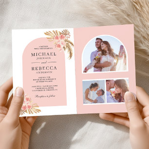 Blush Pink Roses Boho Pampas Arch QR Code Wedding Invitation
