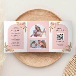 Blush Pink Roses Boho Pampas Arch QR Code Wedding Tri-Fold Invitation