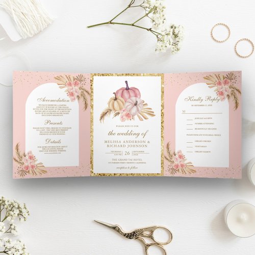 Blush Pink Roses Boho Pampas Grass Pumpkin Wedding Tri_Fold Invitation