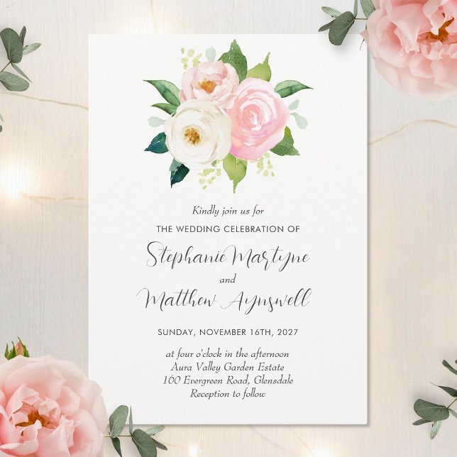 Blush Pink Roses Botanical Watercolor Wedding Invitation (Creator Uploaded)