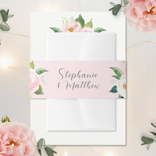 Blush Pink Roses Botanical Watercolor Wedding Invitation Belly Band