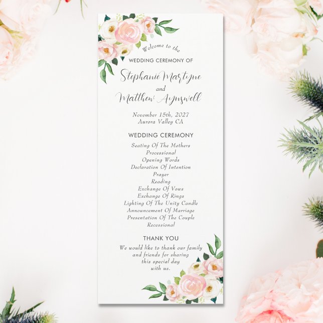 Blush Pink Roses Botanical Watercolor Wedding Program (Front)