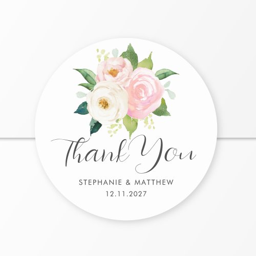 Blush Pink Roses Botanical Wedding Thank You Classic Round Sticker