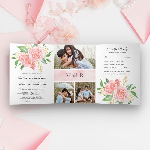 Blush Pink Roses Bouquet Photo Collage Wedding Tri_Fold Invitation